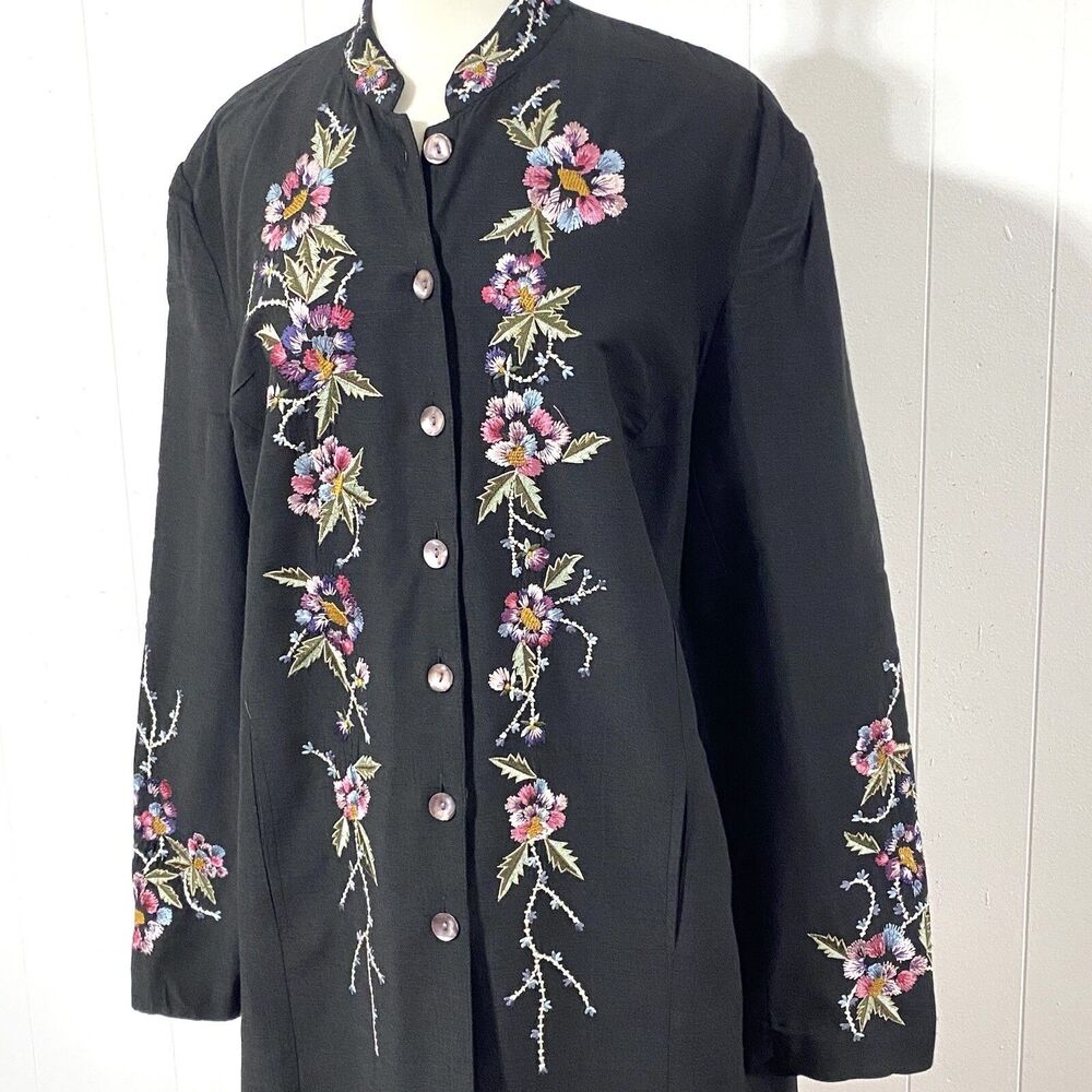 UNITS Jacket Embroidered XL Floral Black SILK BLEND Lined India - Picture 4 of 7